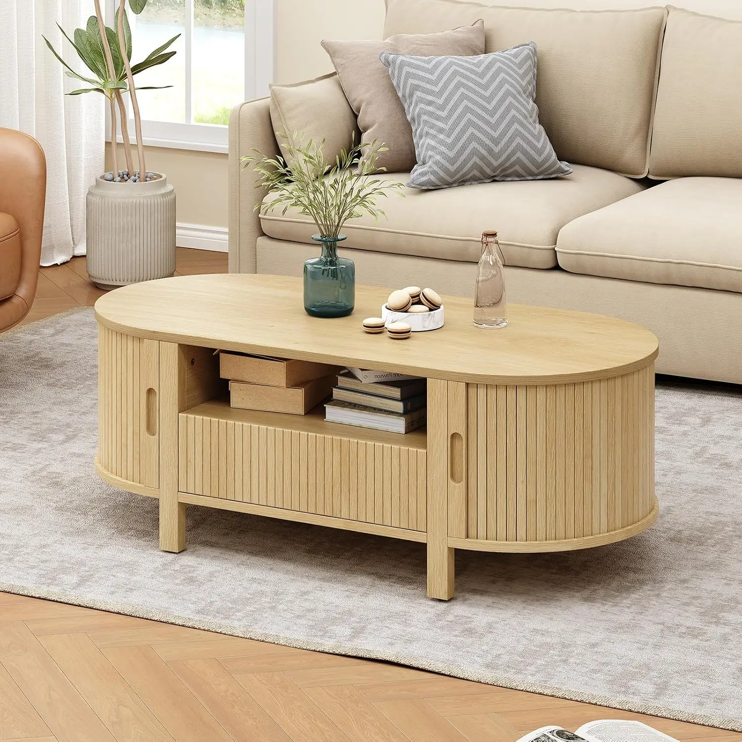 Oval Coffee Table with Drawer & Sliding Door, Oak Wood Finish, 47.2", Customized