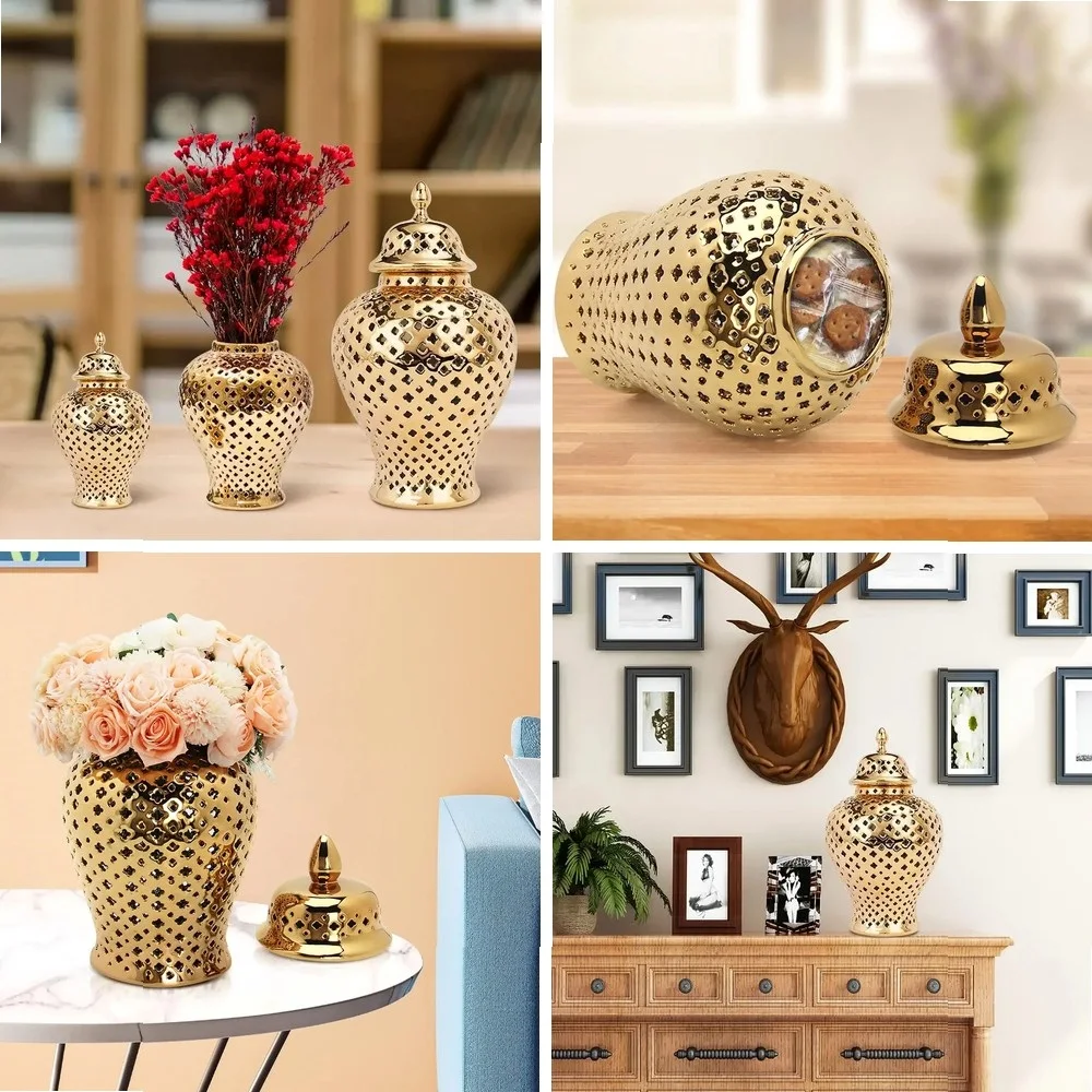 

Gold Ceramic Vase with Lid, Hollow-Out Carved Lattice Ginger Jar for Home Decor Storage