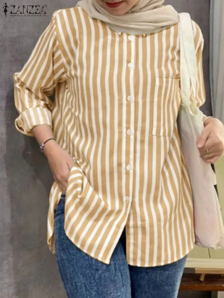 

ZANZEA Fashion Long Sleeve Stripe Printed Blouse Women Muslim Tops Elegant OL Work Shirt Work Holiday Blusas IsIamic Clothing