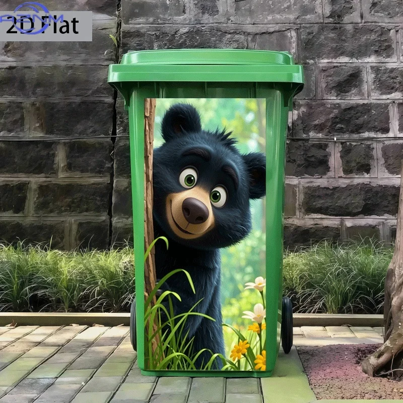 2D Flat Printing 1pc Trash Can Sticker  Bear Peeking from Behind Tree Theme Design Wall Decal Self-Adhesive Wallpaper Kitchen