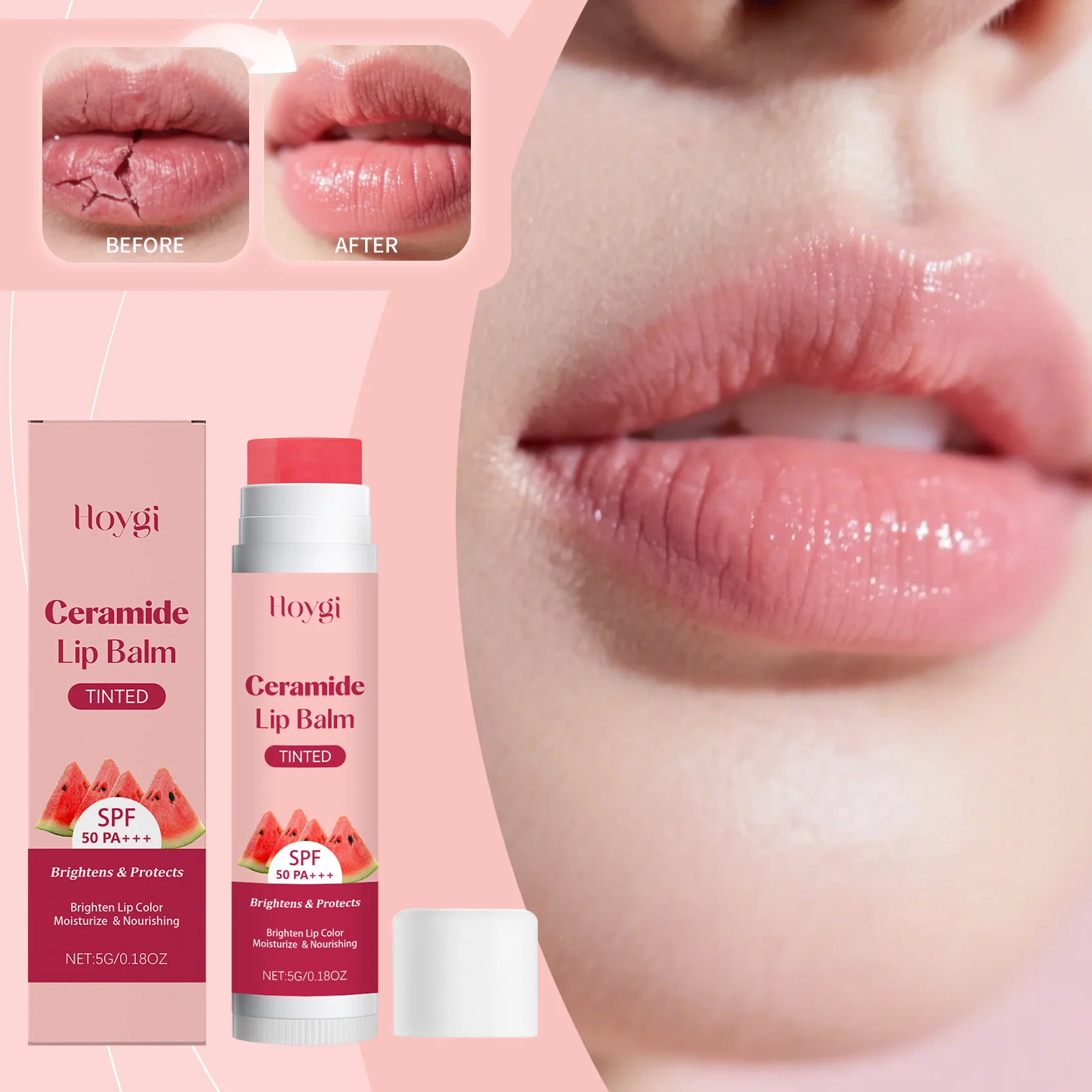 Hoygi Ceramide Baume à lèvres teinté couleur, protection solaire SPF 50, rouge à lèvres nourrissant hydratant quotidien, améliore la luminosité des lèvres