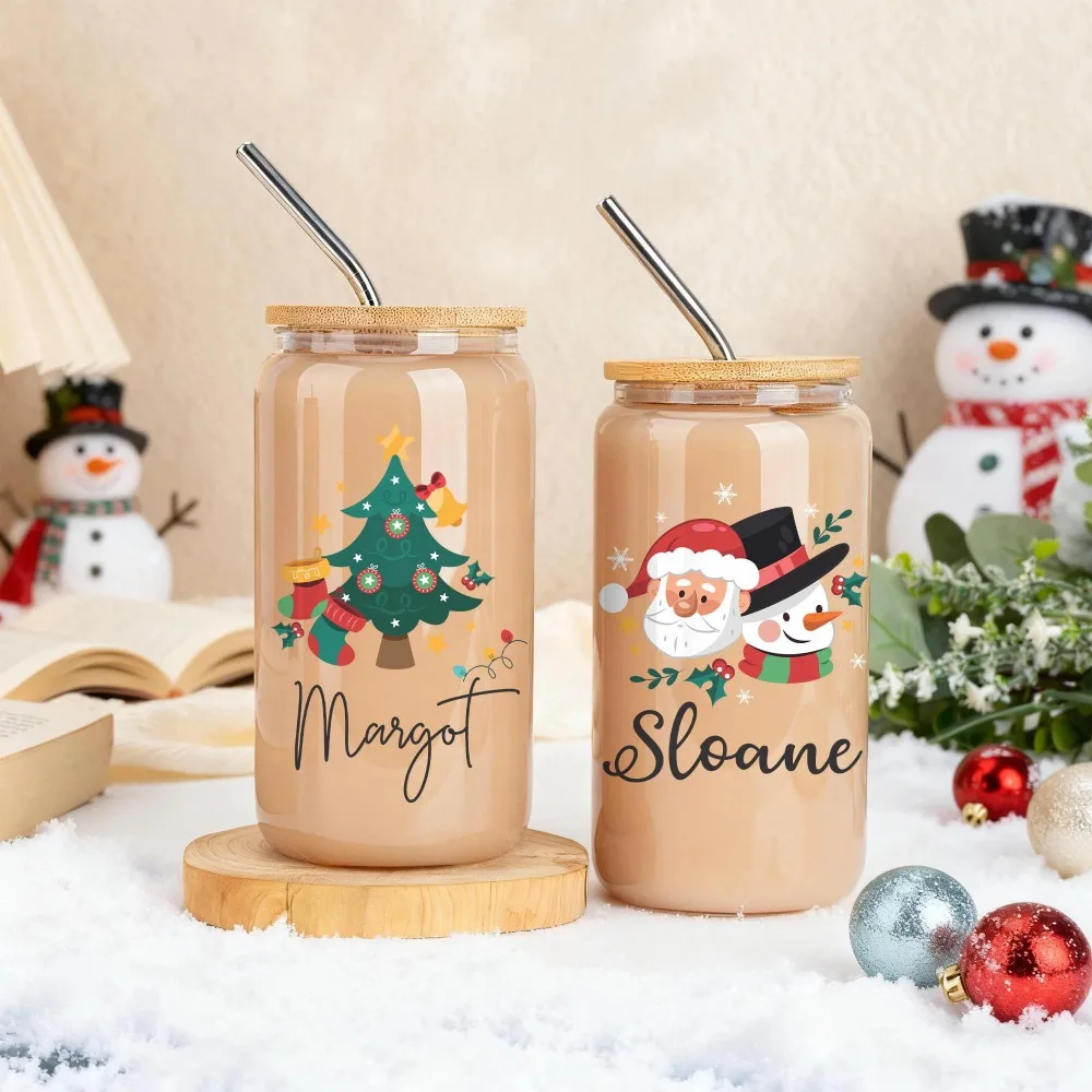 Custom Name Christmas Glass Cup with Bamboo Lid & Metal Straw, Santa Xmas Tree Print Iced Coffee Tumbler Holiday Gift for Family