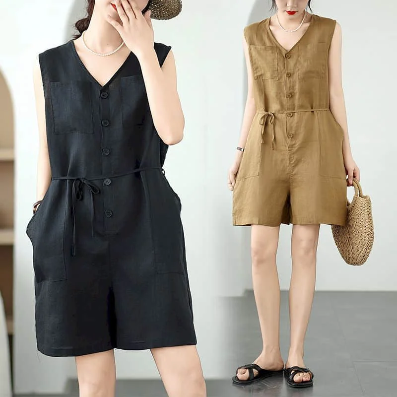 Kombinezony z lnu i bawełny, letnie, bez rękawów, codzienne, odmładzające, luźne, z szerokimi nogawkami, szorty, jednoczęściowe stroje, odzież damska.