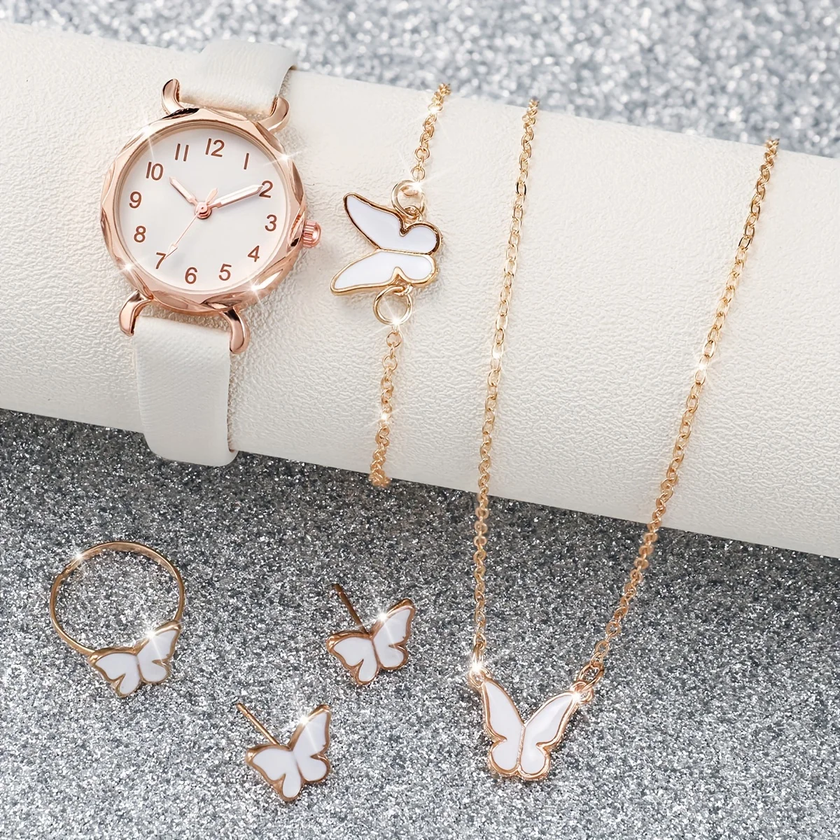 Simple bezel, white plate, quartz women's watch strap+white drip oil butterfly necklace, bracelet, earrings, ring, five pieces
