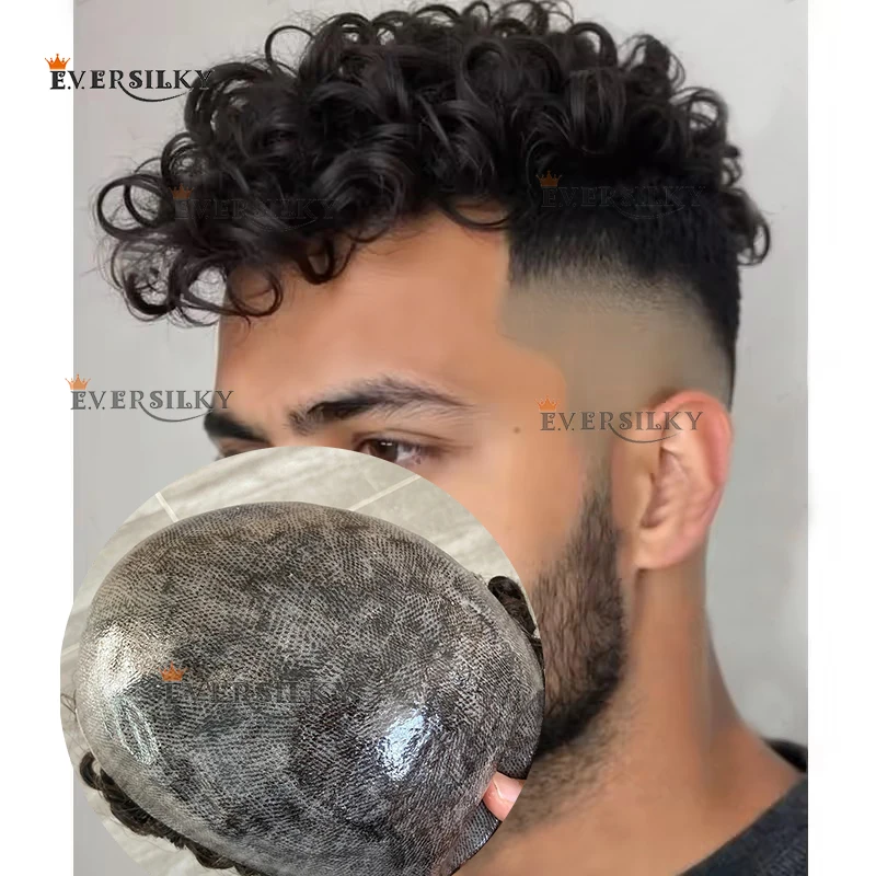 

Durable Full Thin Skin Base 20mm Curly Black Human Hair Men's Toupee Prosthesis System Grey/Brown Hair Piece Natural Frontline
