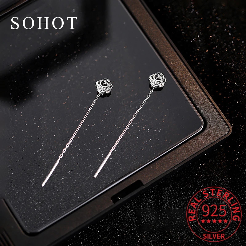 

Real 925 Sterling Silver Hollow Rose Tassel Chain Stud Earrings For Women Trendy Fine Jewelry Minimalist Plant Accessories