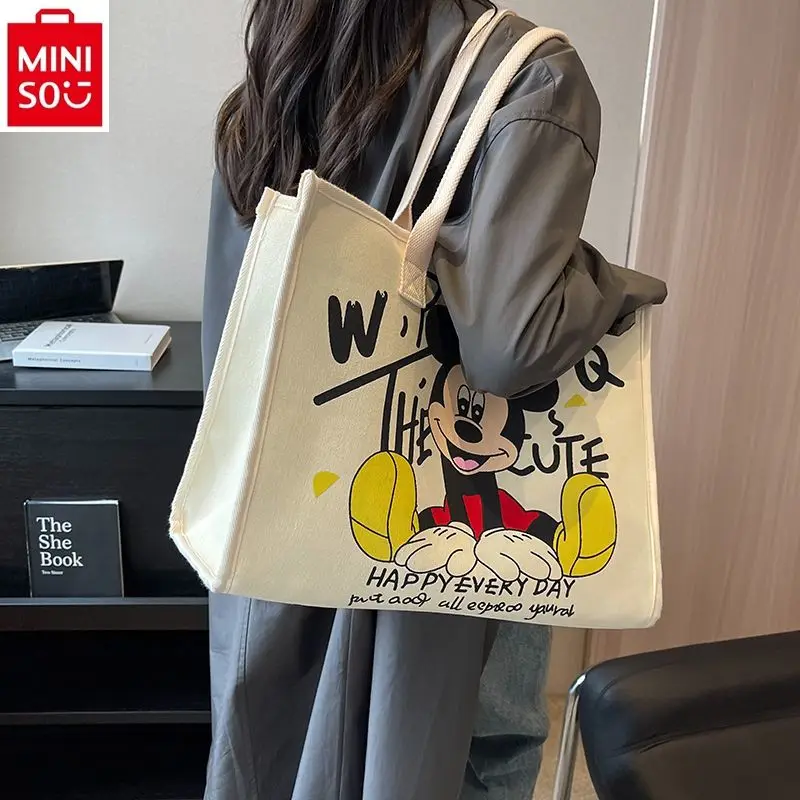 MINISO Disney Large Capacity Canvas Cartoon Mickey Shoulder Bag Student Commuter Handheld Tote Bag