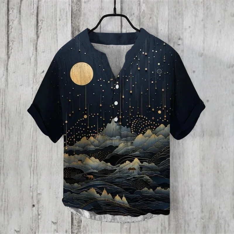 Fresh Chinese style men's shirt ocean fish series print summer large short sleeved three button shirt factory