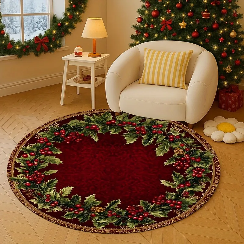 3D Christmas Village Round Rug Snowy Houses Bridge Stairs Snowman Magical Scene 80x80cm