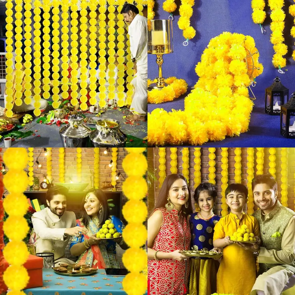 

15 Pack Marigold Garland for Decoration 5 ft Long Strands Faux Artificial Marigold Flowers for Dia De Los Muertos Diwali Indian