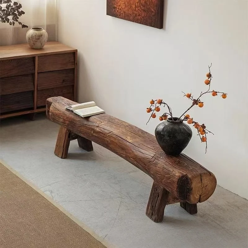 Northern old elm weathered , cylindrical wooden stake bench, homestay decoration, solid wood special-shaped shoe changing