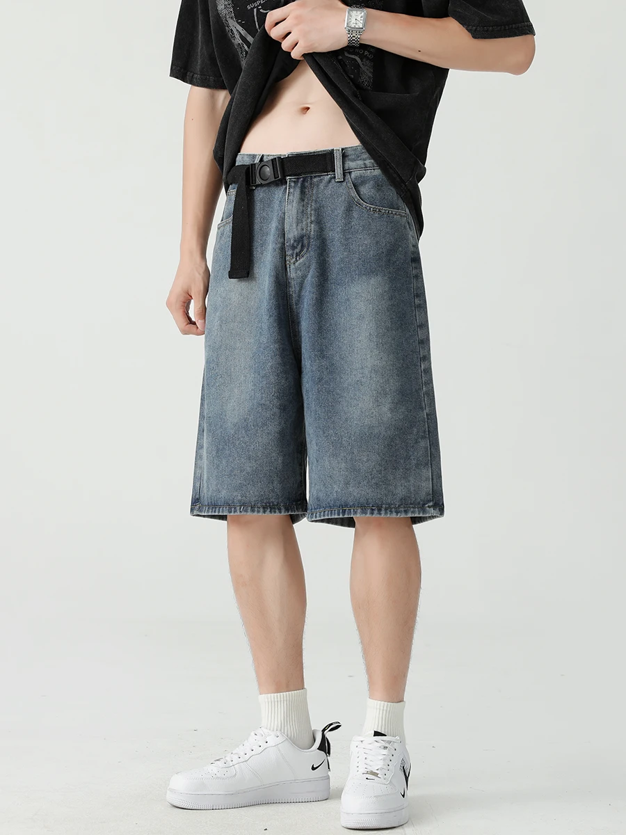 

Boyue American High Street Waed Denim orts Workwear Trendy Vintage Belt Design Five-Quarter Pants Men Casual Summer Jeans