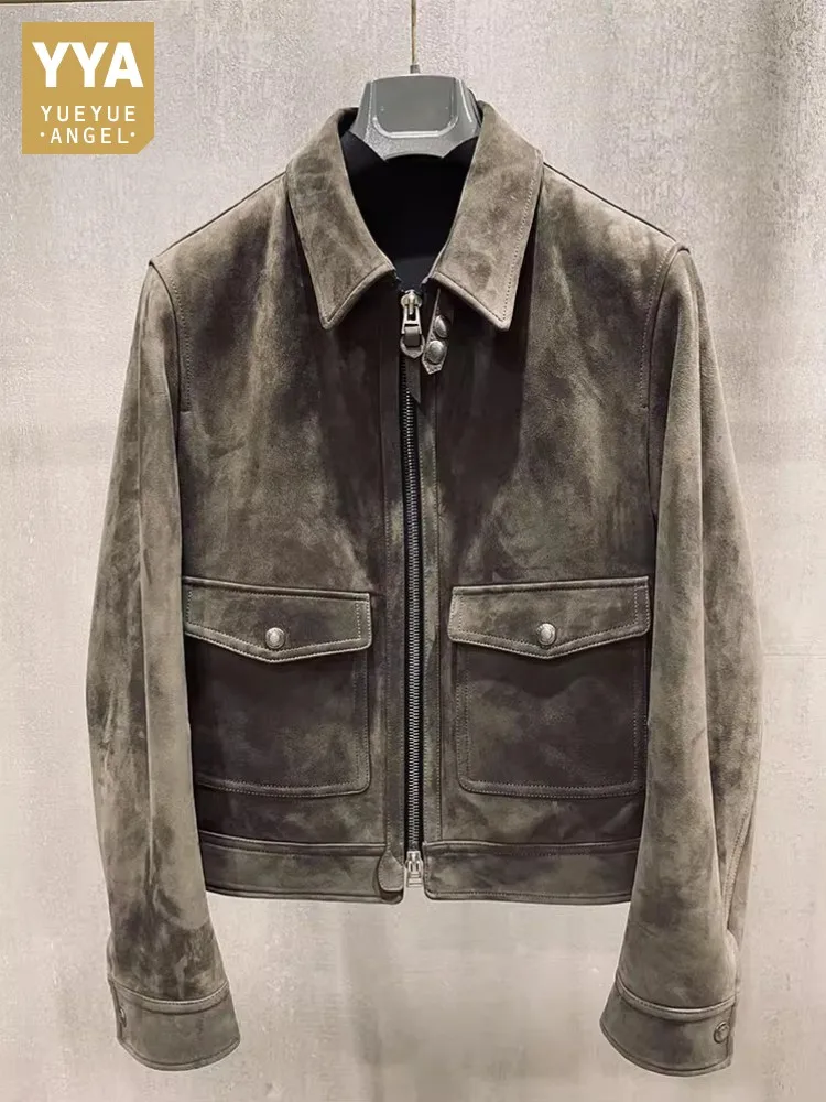 Mens Genuine Leather Vintage Pilot Jacket Designer Zipper Lapel Collar Suede Sheeepskin High Quality Casual Motorcycle Coat Male