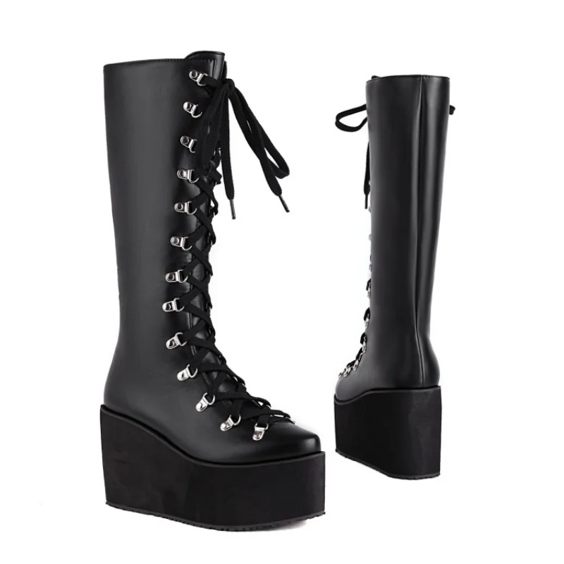Patent Leather Ladies\' platform BOOTS Winter boots Square toes Lace-up Wedge heel boots esque platform Knee-high Boots