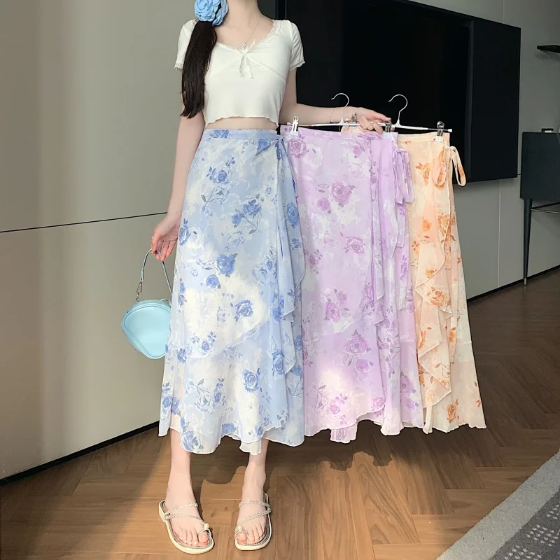 Travel Friendly  Purple Floral Chiffon Skirt with Lace Hemline mid Waist Design Women's Gentle Style Midi Skirt
