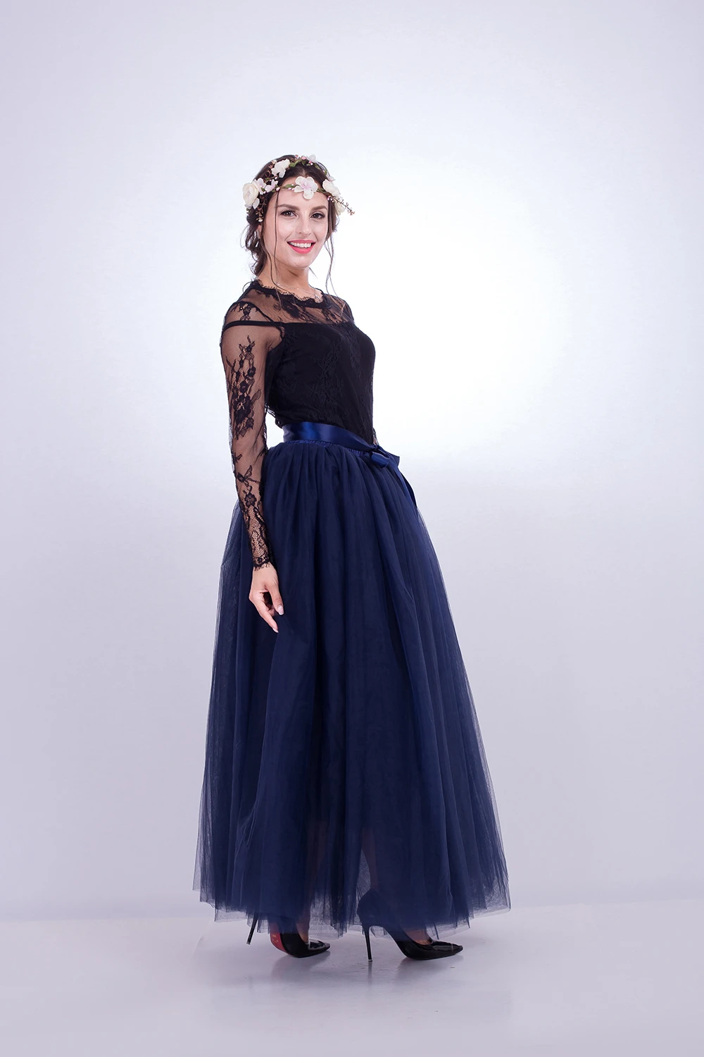 MisShow Rok Tutu Maxi Rok Peri Pinggang Elastis Tulle 7 Lapis Halus dengan Ikat Pinggang Pita A-Line 100Cm Rok Tari Rok