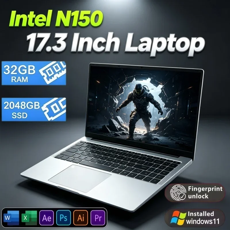 Ultra‑thin 17.3" Laptop Intel N150 Windows 11 32GB RAM 2TB SSD Fingerprint Reader Office Gaming Portable Notebook Computer