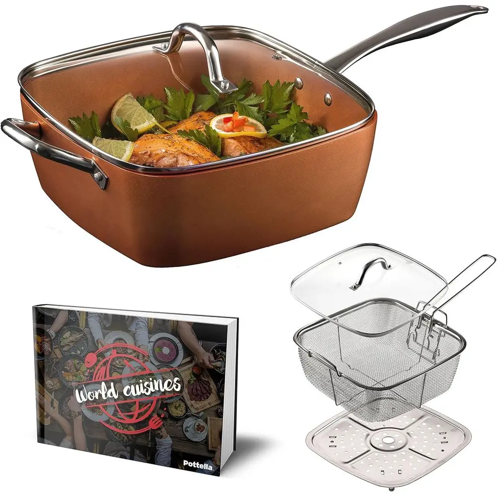 

9.5 Nonstick Copper Pan Set with 5 Pieces, Frying Basket, Steamer Tray, and Cookbook