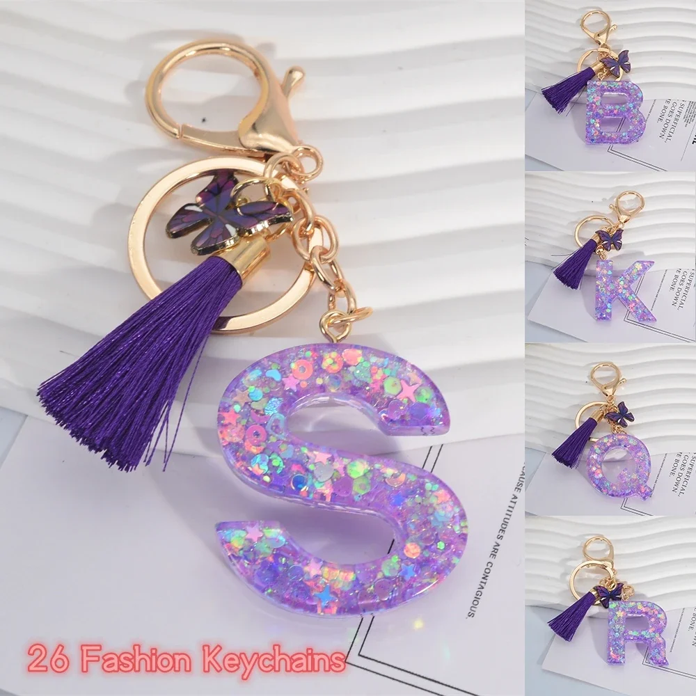 A-Z Shiny Sequin Letter Keychain Resin Couple Initial Purple Stars Filled Pendant Keyrings Handbag Car Key Charm Accessories