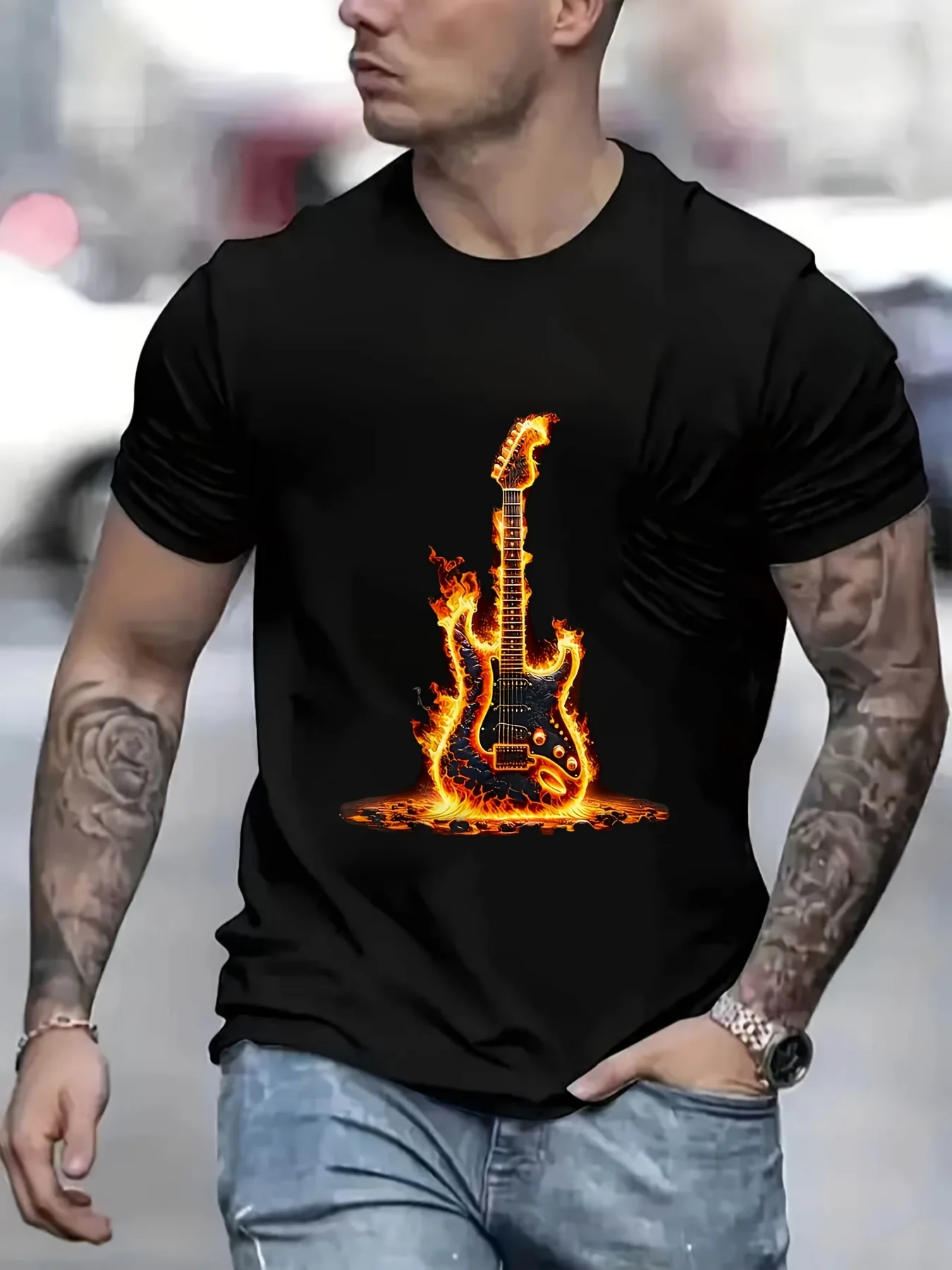 Vintage rock T-shirt with a burning electric guitar flame pattern, soft and breathable black T-shirt with orange-red flame print