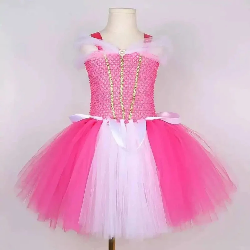 Hot Pink Sleeping Beauty Princess Dress Cute Girls Fairytale Outfit Birthday Carnival Party Costume Crown Gloves Magic Wand Sets