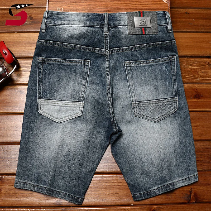 High-End Motorcycle Denim Shorts Men2024New Elastic Slim Fit Summer Fashion Brand Hole & Patch Casual Fashionable Fifth Pants