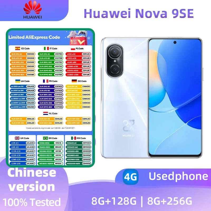 HUAWEI Nova 9 SE 4g 6.78 Inch LCD Screen CPU Smartphone Snapdragon 778G 108MP Camera  256GB ROM Full tested Used Phone