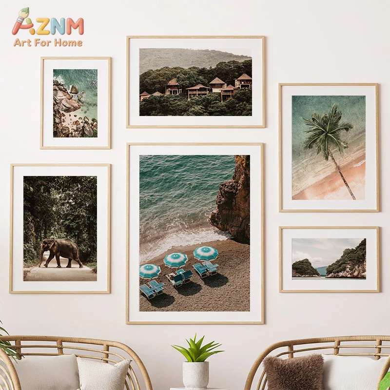 AZNM Tropical Jungle Beach Scenery Canvas Wall Art Elephant Seaside Coconut Tree Cliff Coast Nature Landscape Nordic Vacation St