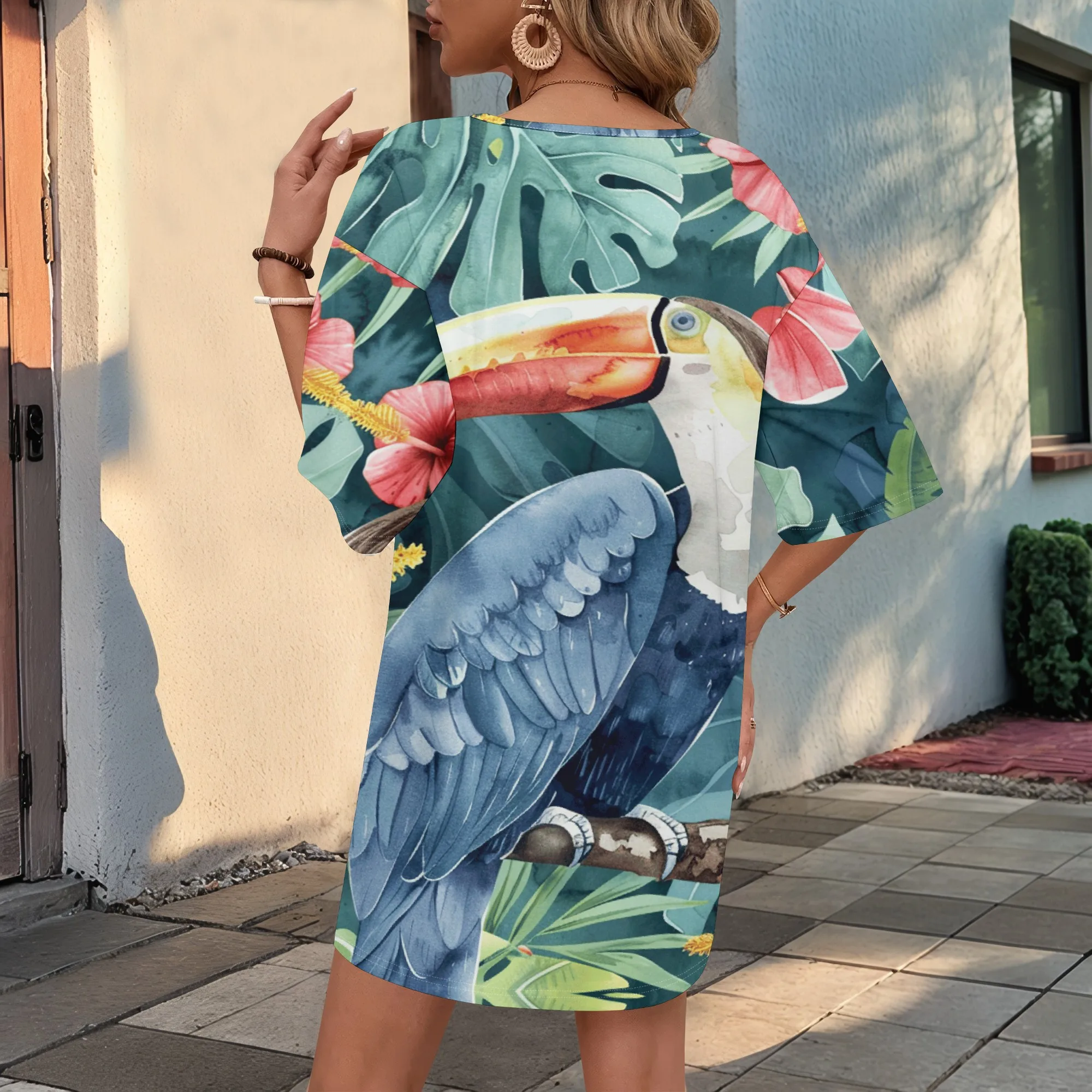 

Tropical Tunic Dress Women's XS-3XL Toucan Print Summer Mini Dress Beach Vacation Resortwear