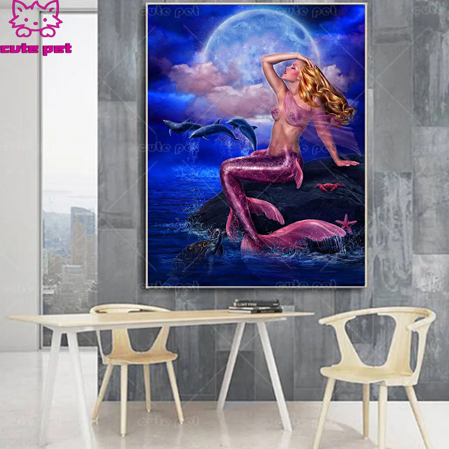 Picture Of Rhinestones Diamond Embroidery Mermaid Full Square round Diamond Painting Landscape Decor Home DIY 5D Diamond Mosaic