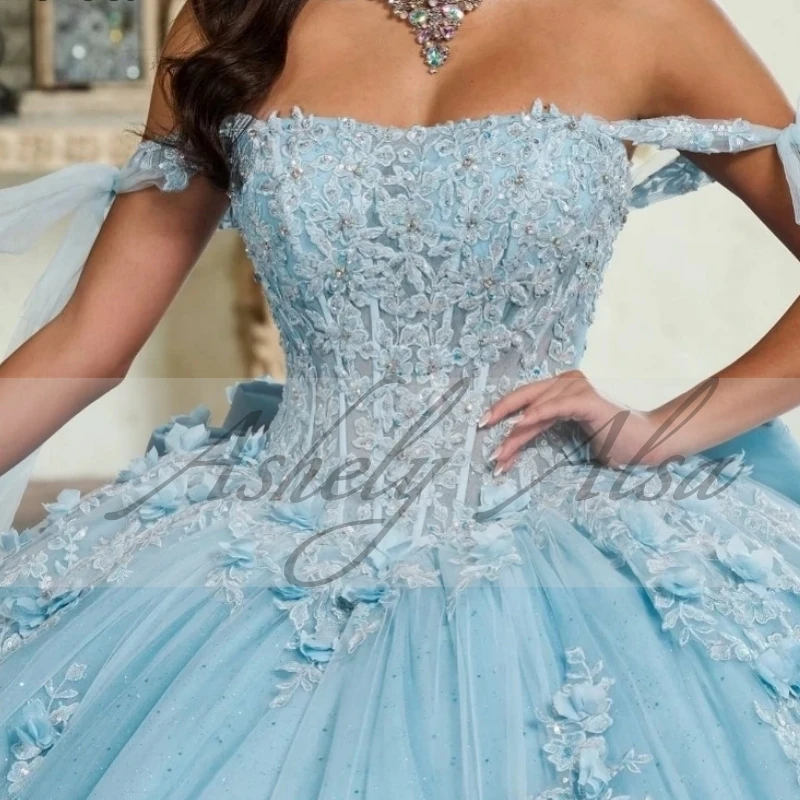 BA19 Vestido De fiesta azul claro personalizado para mujer, Vestido para ocasión con cuello en V, apliques De flores, Vestido De baile con lazo, Vestido De xv Anos Quinceanera 15 16