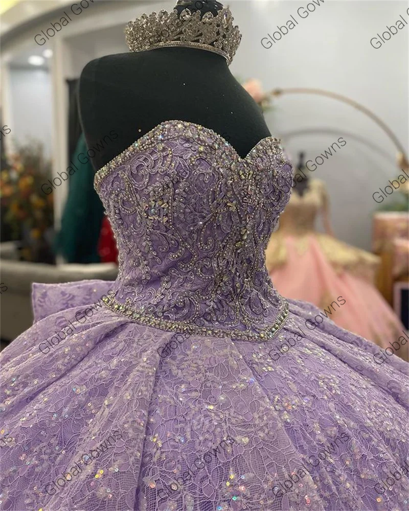 Vestido de fiesta púrpura brillante con escote corazón para niña, vestido de fiesta de cumpleaños con cuentas de vestido para quinceañeras, con lazo para graduación en la espalda