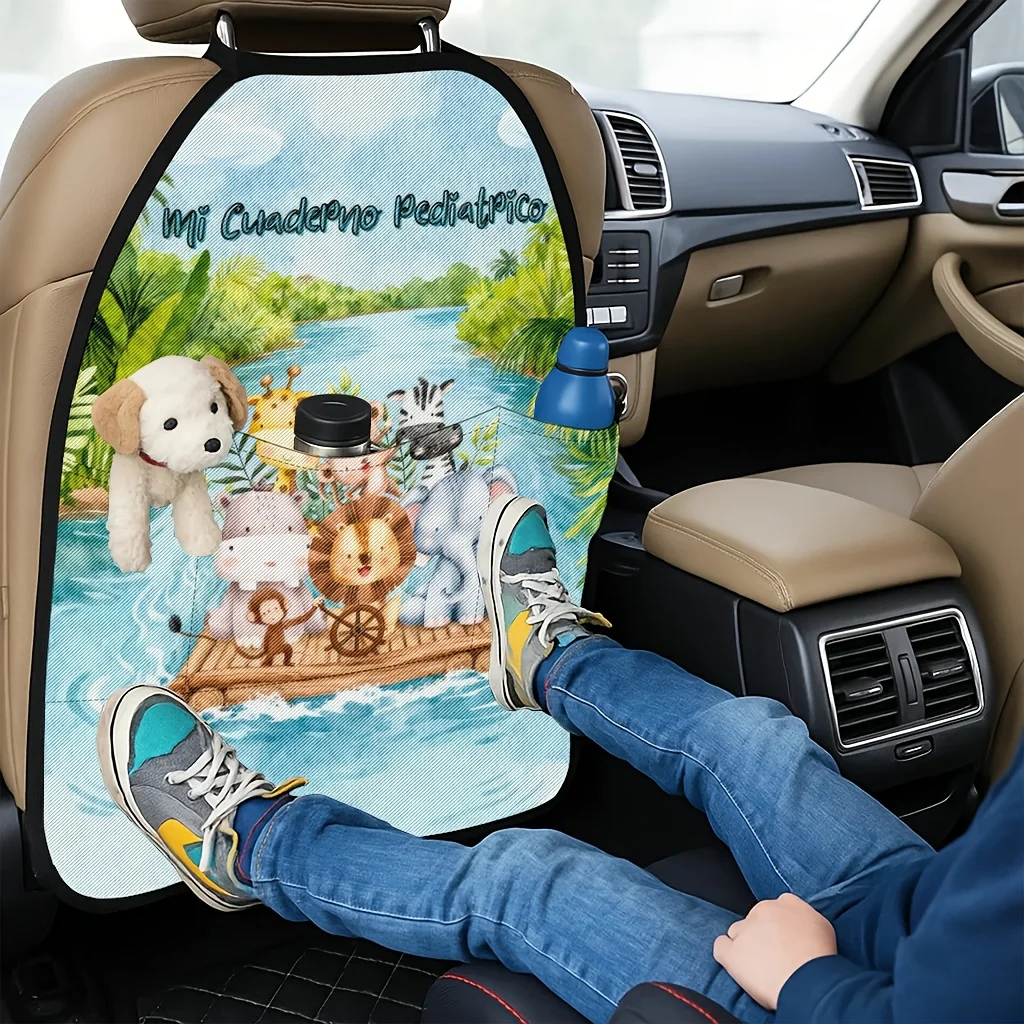 2pcs 2D Printed Car Seat Back Protector Pads, Jungle Animals Rafting Adventure Theme Pattern Printed Car Seat Back Protector Pad