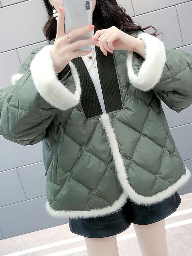 KBAT 2024 Woman Green Patchwork Jacket Oversize Autumn Winter Loose Coat Casual Cotton Padded Jacket Female Warm Outwear