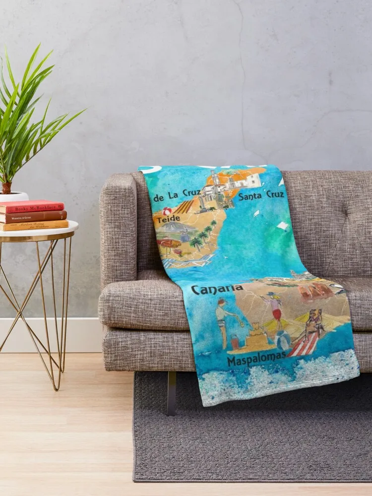 Canary Islands Illustrated Travel Map with Tenerife, Gran Canary, Lanzarote, Fuerteventura La Palma Gomera and Hie Throw Blanket