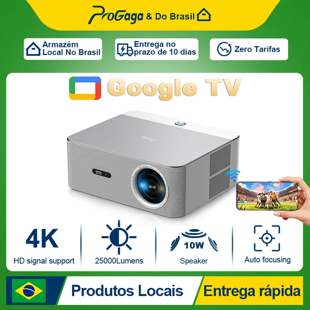 Projetor PROGAGA PG610ATV 4K Android WiFi com Foco Automático HD 1080P 2500Ansi Projetor PG610w para Home Theater e Vídeo Portátil