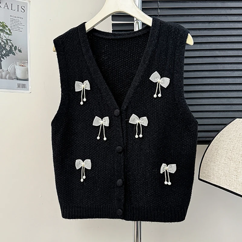 HELIAR Women Single-breasted Cardigan Bowknot Sweet Sweater Vest Sleeveless Knitted Vest Casual Office Waistcoat Autumn Winter