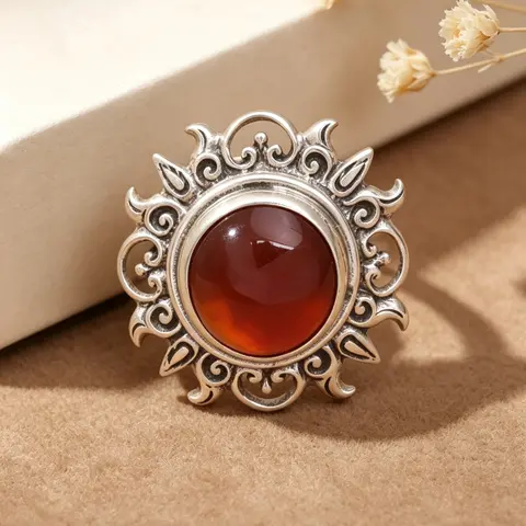 Bohemian Sunburst Geometry Ring Silver Color Red Glass Stone Ring Vintage Style Handmade Jewelry Ethnic Tribal Finger Ring Gift
