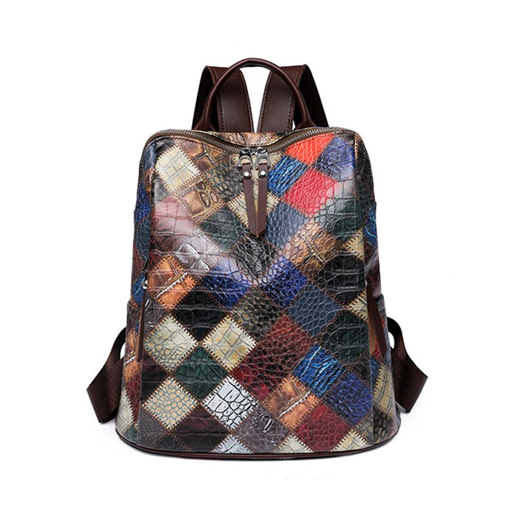 SYZM Colorful Plaid Patchwork Women Backpack Fashion Large Capacity Travel Backpack High Quality Alligator PU Leather Bag