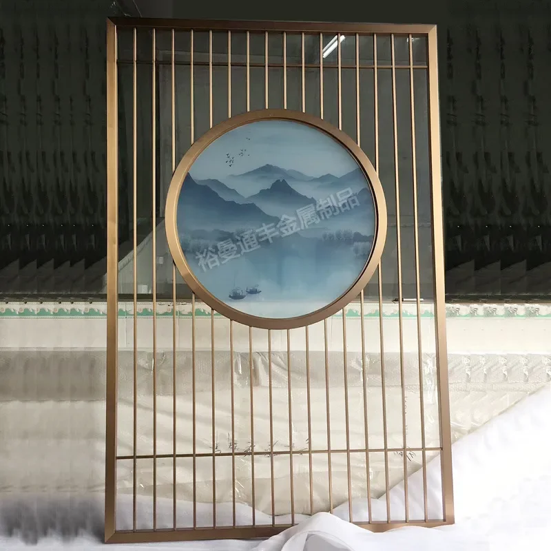 New Chinese Style Lattice Zen Decorative Painting Round Titanium Metal Glass Screen Landscape Partition Wall Art Home Decor