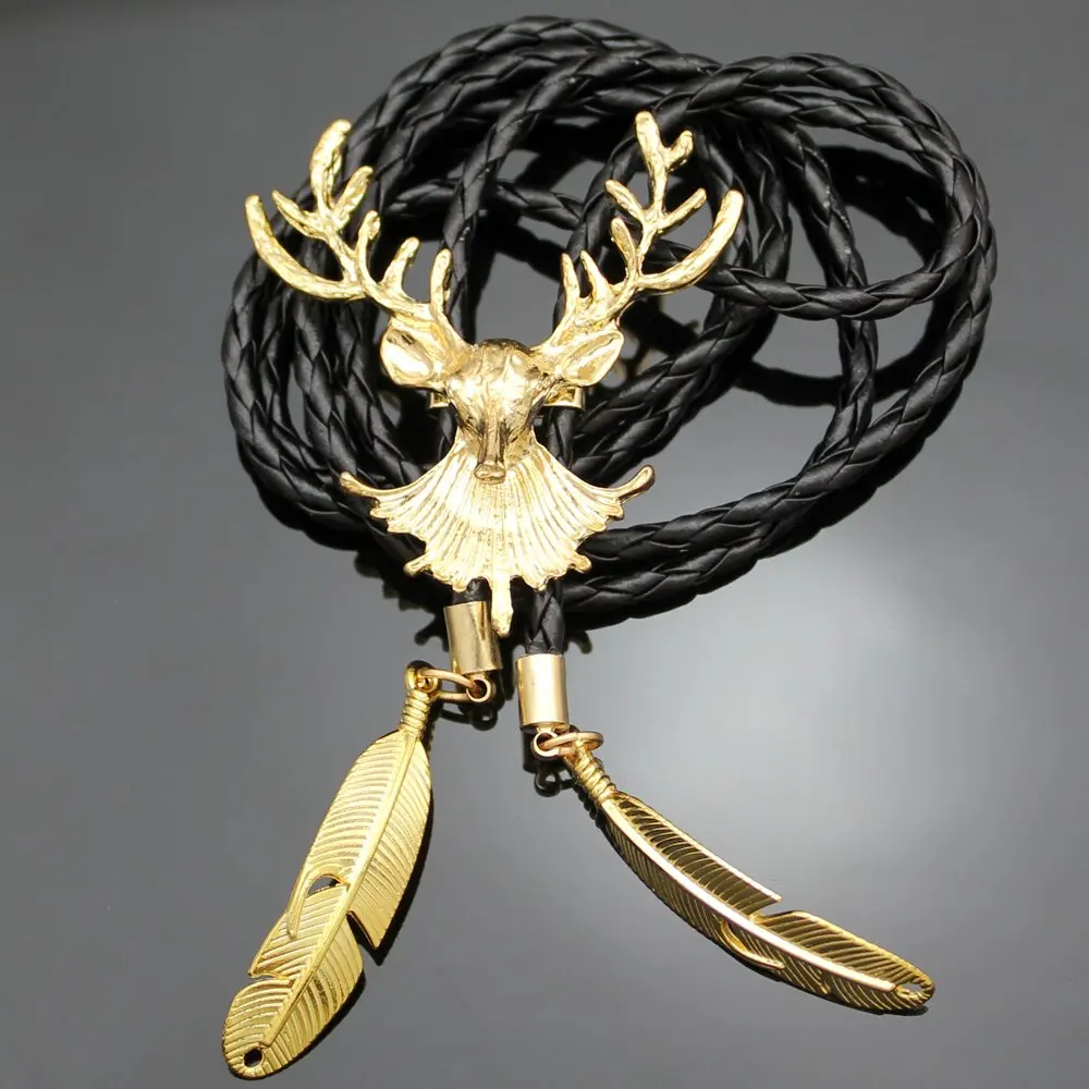 Western Cowboy Deer Head Horn Antler Stag Feather Rodeo Leather Bolo Tie Jewelry for Men Necktie Fashion Costume Accessories