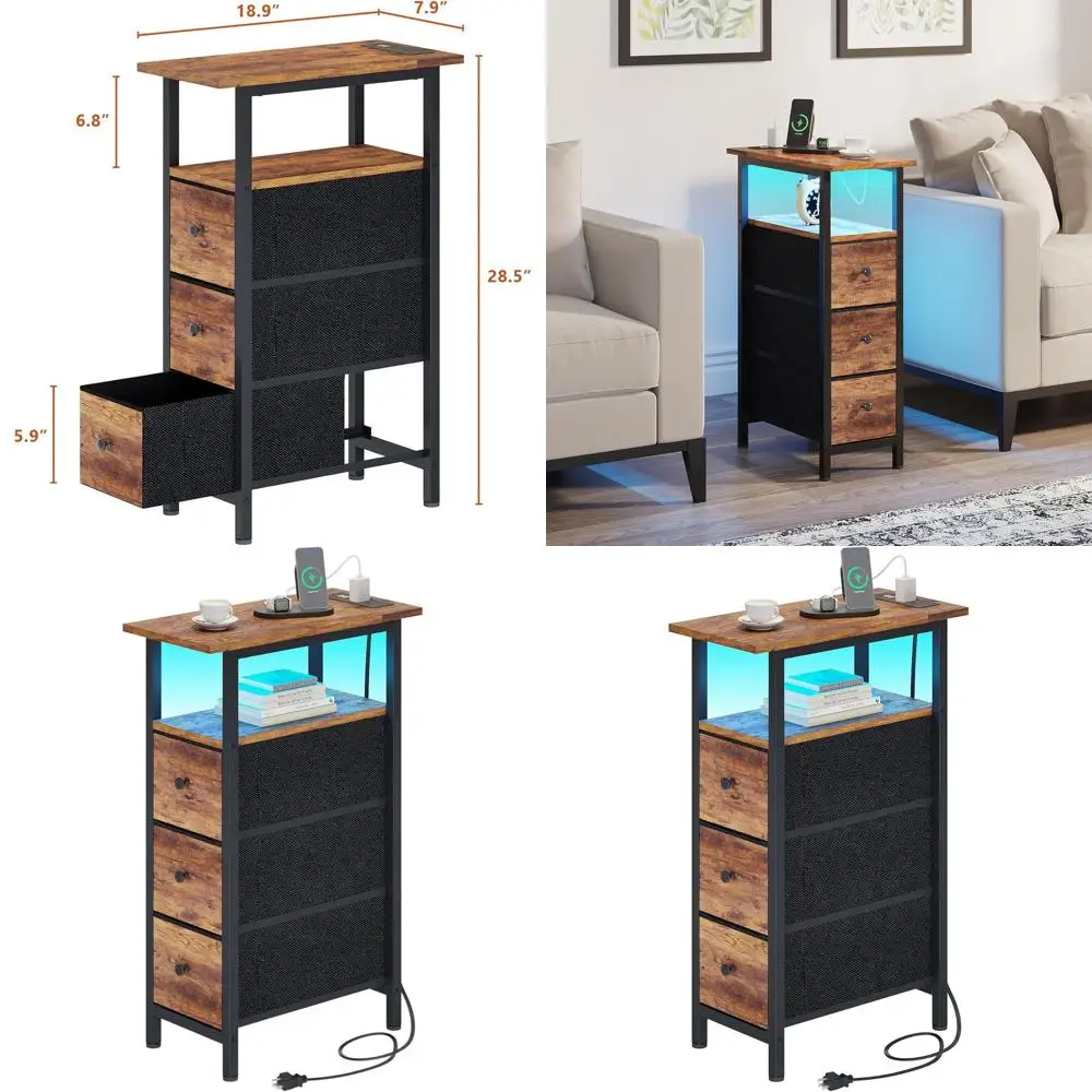 

Compact Rustic Brown Bedside Table with LED Light and 3 Fabric Drawers for Charging in Small Spaces