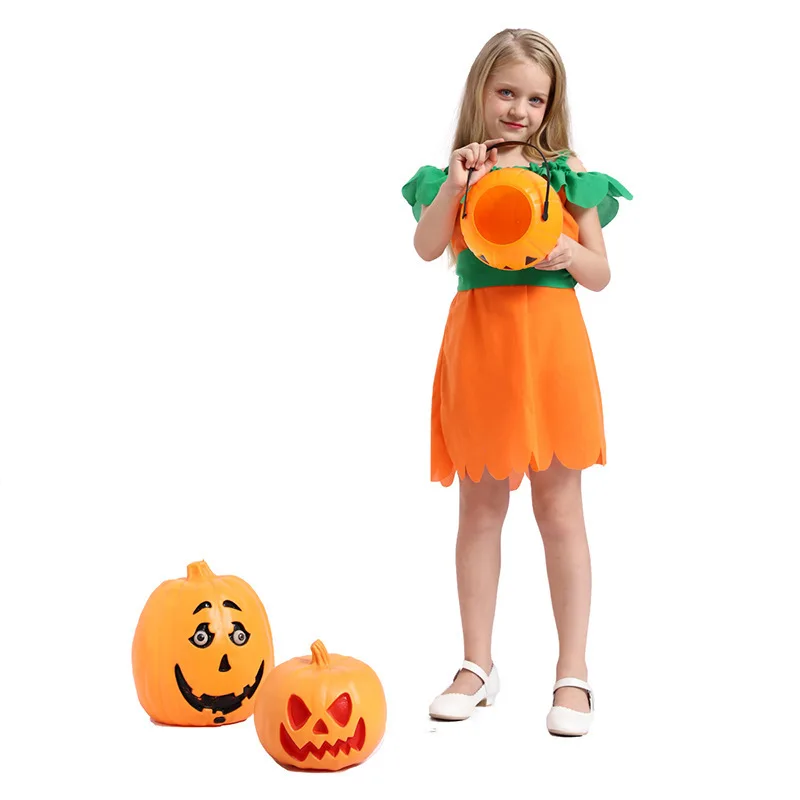 Low Price Fruit Role Cosplay Orange Pretty Pumpkin Dress Costume Funny Halloween Kid Carnival party