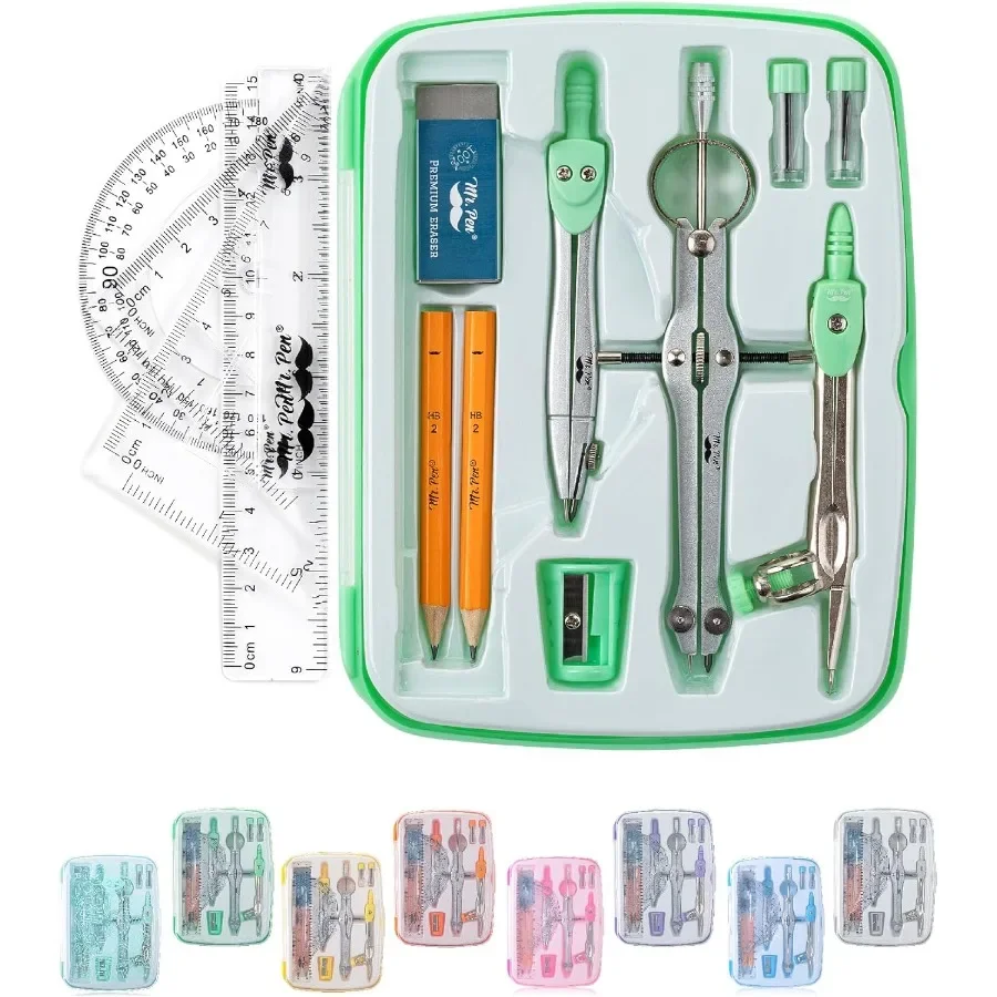 Conjunto geométrico verde menta de 13 peças – caixa de armazenamento inquebrável e bússola para estudantes, escola, aula de matemática