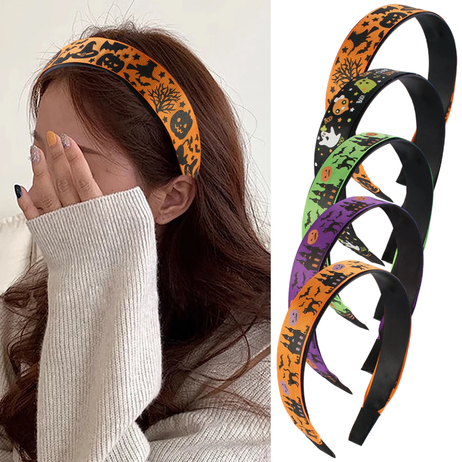 Picture 3: Halloween Ghost Print Hair Hoop Wide Headband Crown Hair Accessories for Kids Adult Costume Halloween Party Decoration