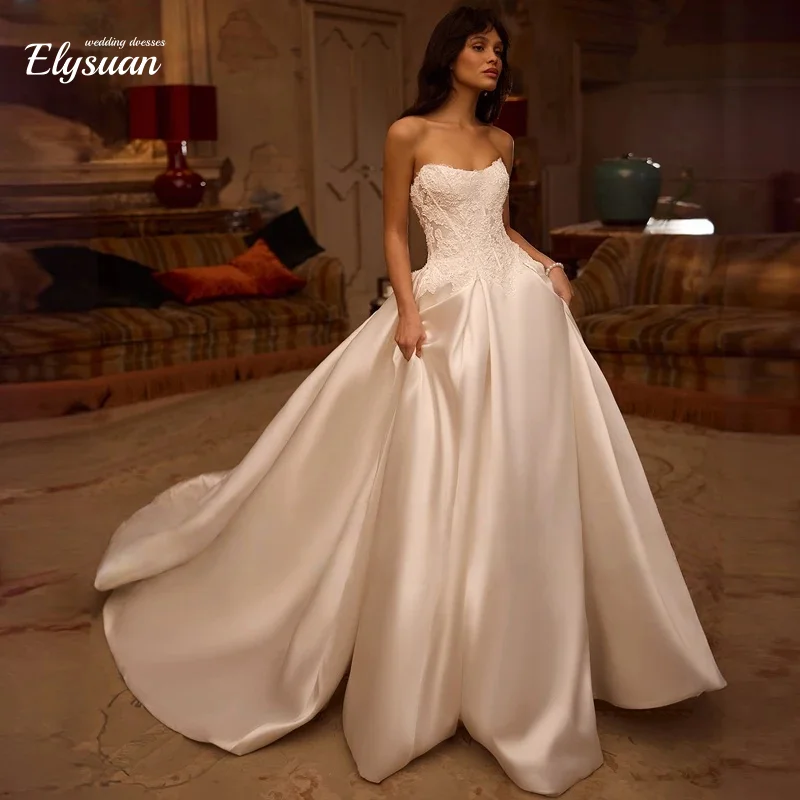 Maßgeschneidertes neues exquisites A-Linie-Hochzeitskleid mit Perlenapplikationen, romantisches, schulterfreies Prinzessin-Brautkleid aus Satin mit U-Ausschnitt