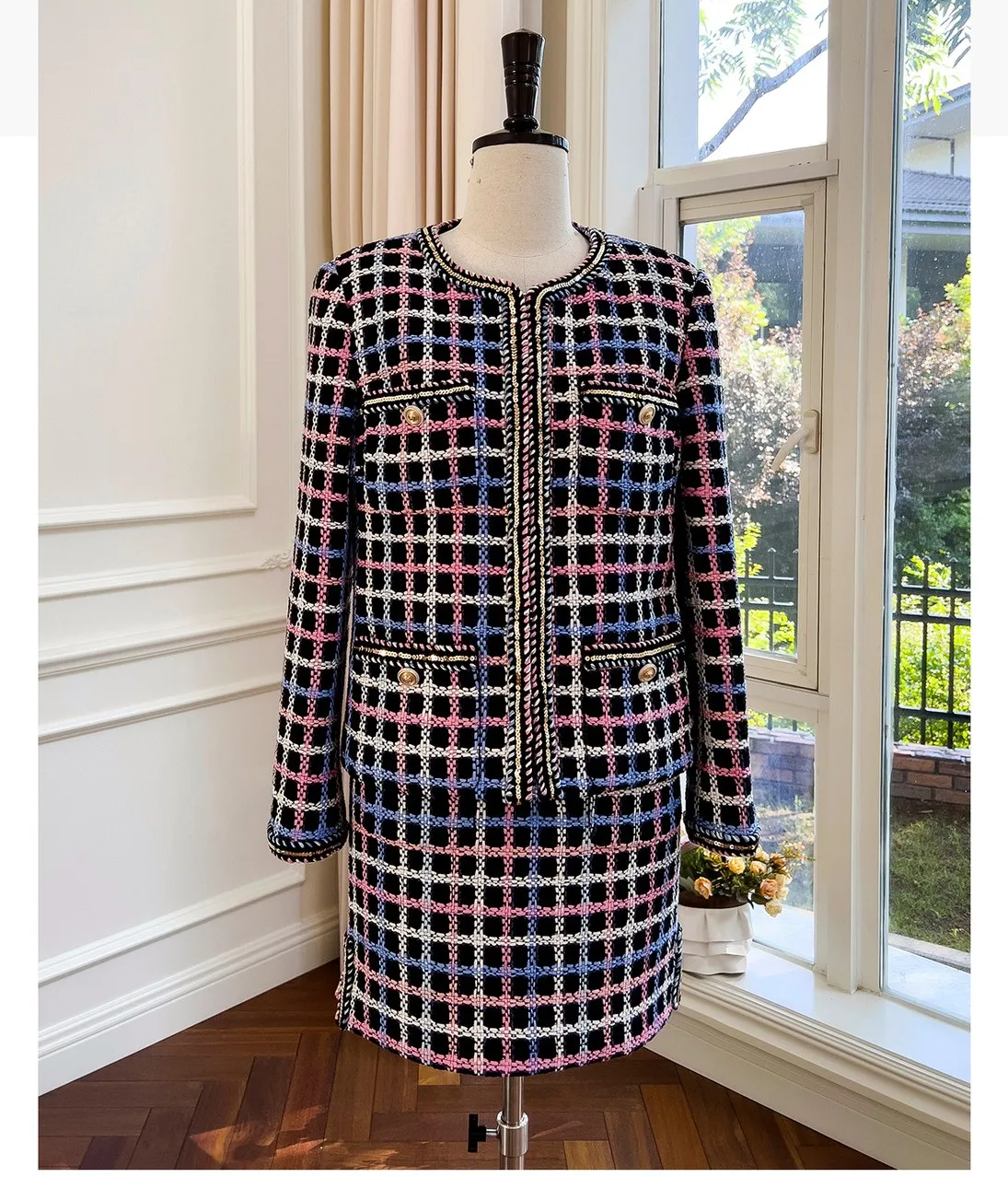 2023 Spring Autumn Brand New Designer Women\'s High Quality Plaid Tweed Jackets Elegant O-neck Coat B575