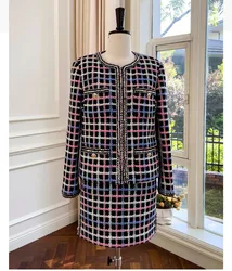 2023 Spring Autumn Brand New Designer Women's High Quality Plaid Tweed Jackets Elegant O-neck Coat B575