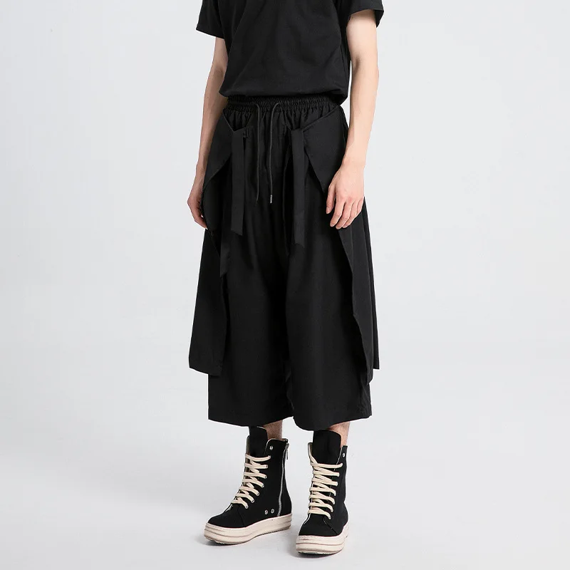 

Men's Casual Pants Fashion Japanese Straight Dark Wide Leg Unisex Style Fake Two-Piece Nine-Point Black Casual Pants