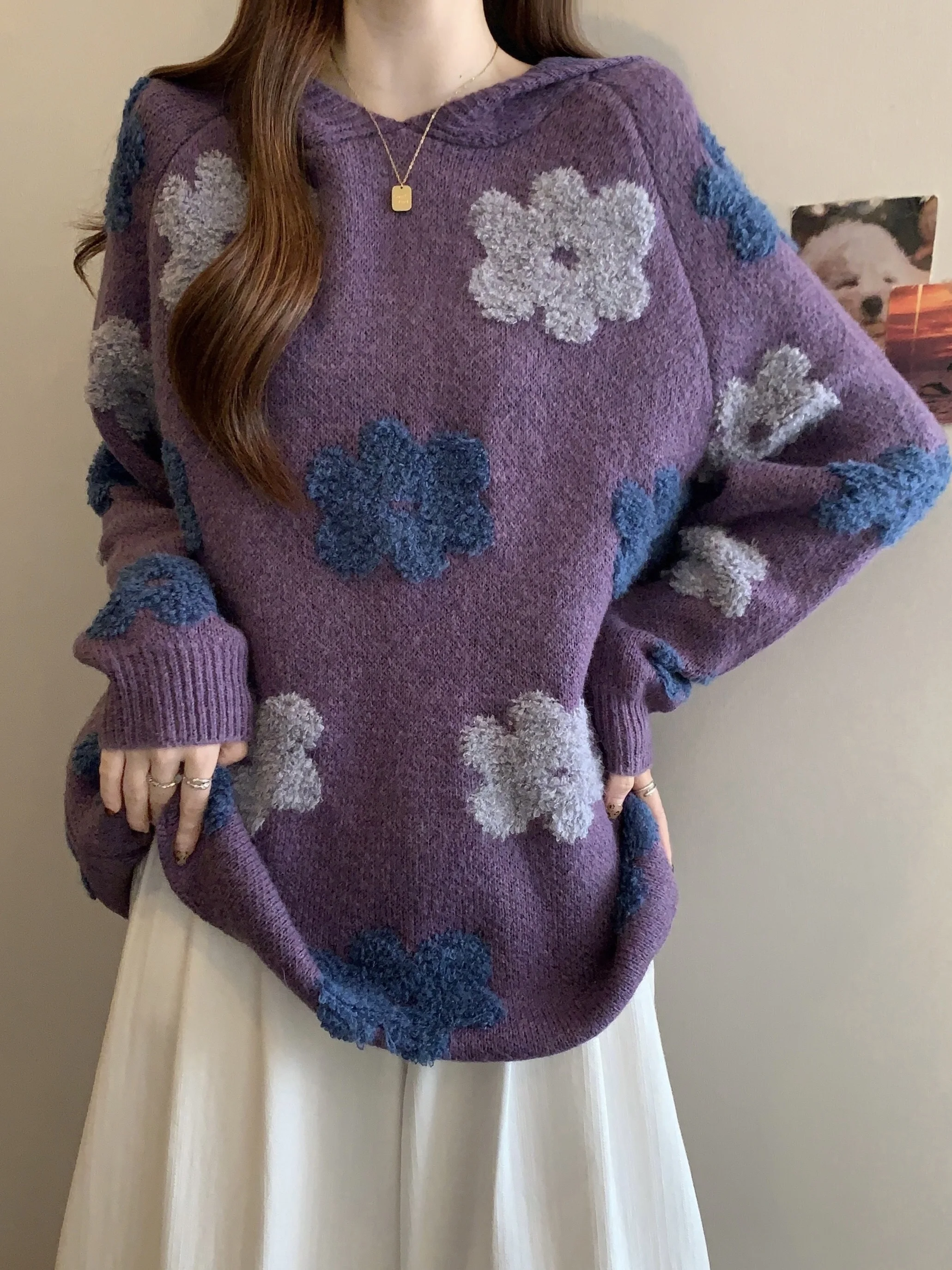 Purple Flower Sweater Women's Autumn 2025 New Sle Trendy Lazy Unique Beautiful Soft Outerwear Loose Fit round Ne Long Sve